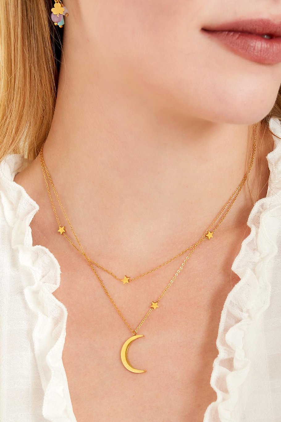 Doppelkette Mond und Sterne Goldfarbe Edelstahl Bild4